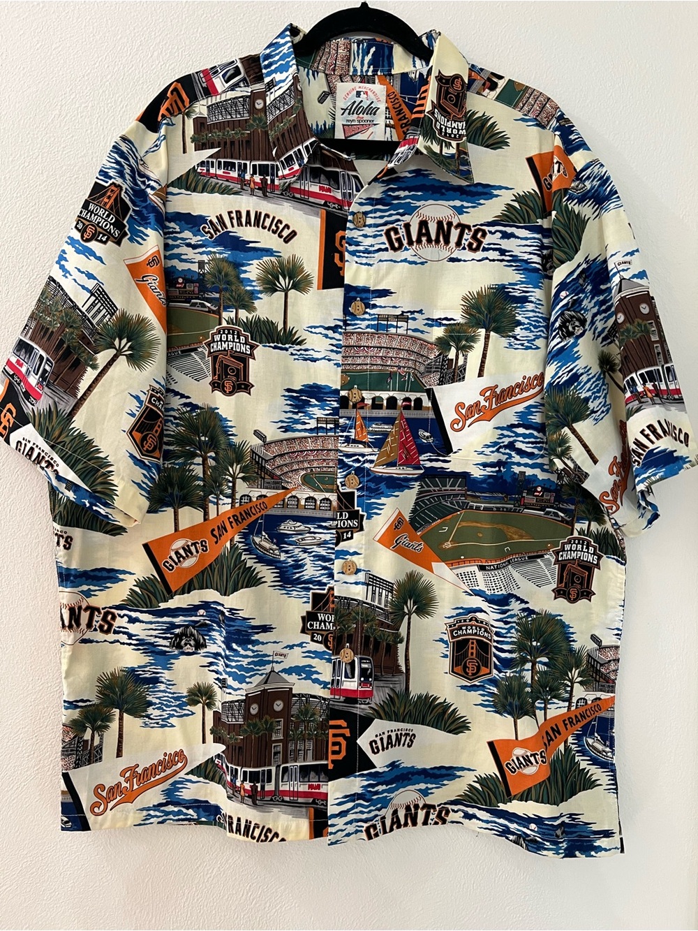 reyn spooner ALOHA San Francisco Giants Hawaiian Camp Shirt  blue orange XXL